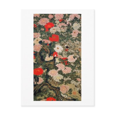 22. 牡丹小禽図, 若冲 Peonies & Small Birds, Jakuchū Post Card by ukiyoemuseum