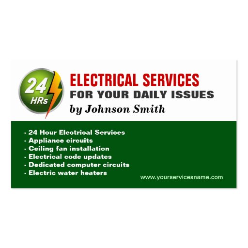 24 Hour Electrician Electrical Power Lighting Business Card Templates (back side)