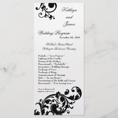 25 4x9 Wedding Program Black White Floral Filigree Custom Rack Card by 
