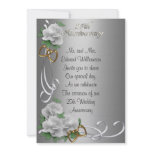 25 Anniversary invitation white roses silver satin
