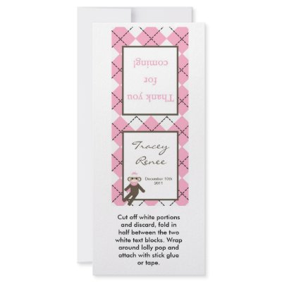 25 Lollipop Topper Pink Argyle Sock Monkey Personalized Rack Card by AnnLeeDesigns