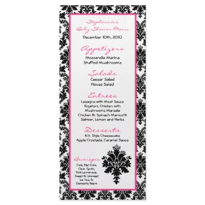 25 Menu Cards Hot Pink Black Damask Rack Card Design by AnnLeeDesigns