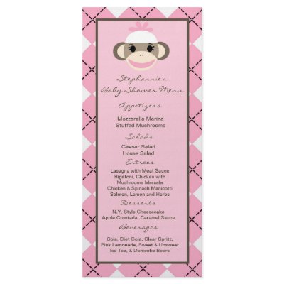 25 Menu Cards Pink Argyle Sock Monkey Rack Card Design by AnnLeeDesigns