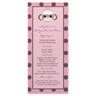 25 Menu Cards Pink Sock Monkey Rack Card Template by AnnLeeDesigns