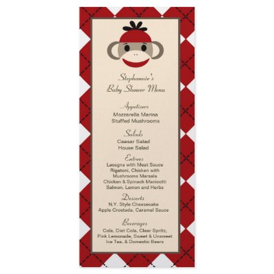 25 Menu Cards Red Sock Monkey argyle Custom Rack Cards by AnnLeeDesigns