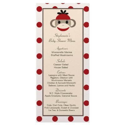 25 Menu Cards Red Sock Monkey Full Color Rack Card by AnnLeeDesigns