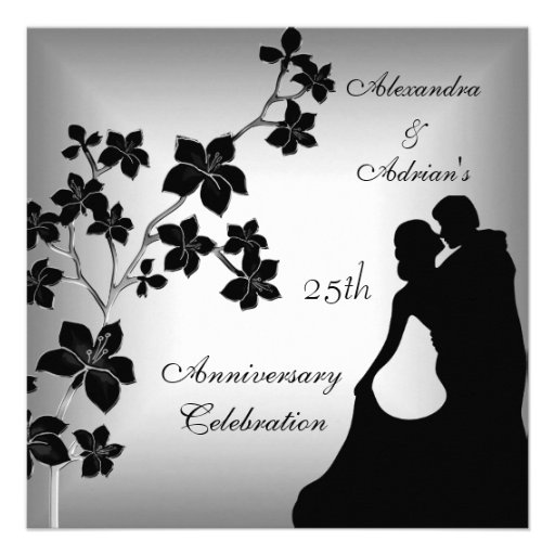 25th Anniversary Asian Black Silver Floral Couple Invites