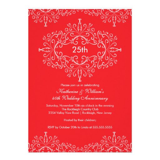 25th Anniversary Damask Invitation Red White (front side)