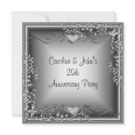 25th Anniversary Party Black Silver Floral Hearts Personalized Invites