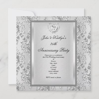 25th Anniversary Party Damask Silver White 2 Personalized Invitations
