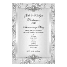 25th Anniversary Party Damask Silver White Personalized Announcements