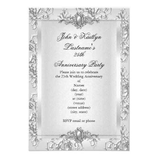 25th Anniversary Party Damask Silver White Personalized Announcements (front side)