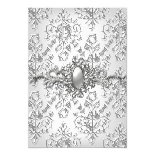 25th Anniversary Party Damask Silver White Personalized Announcements