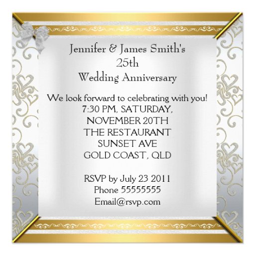 25th Anniversary Party Elegant White Silver Gold Personalized Invitation