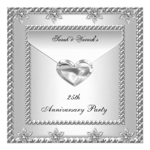 25th Anniversary Party Silver White Heart Jewel 4 Custom Invitations