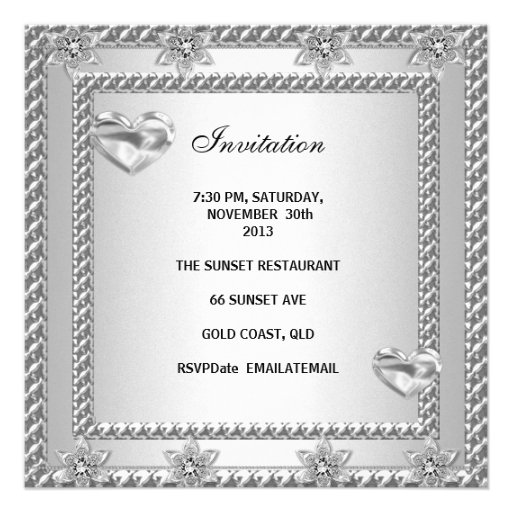 25th Anniversary Party Silver White Heart Jewel 4 Custom Invitations
