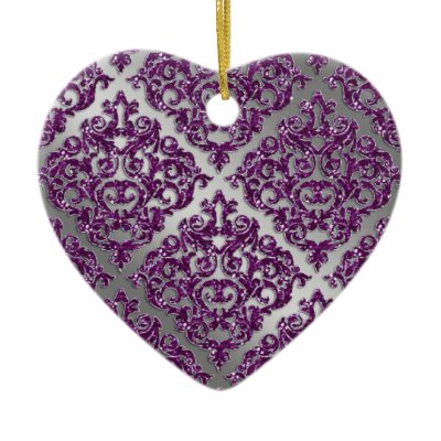 25th Anniversary Purple Sparkle Silver Damask Ornaments
