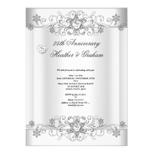 25th Anniversary Silver White Diamond Hearts Invite