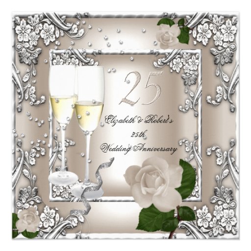 25th Anniversary Wedding Cream Rose Silver Invitation (front side)