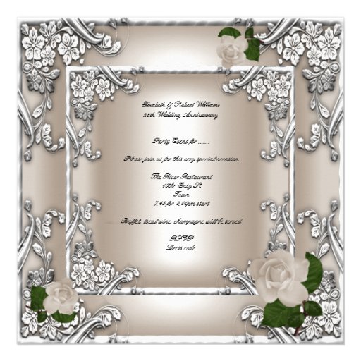 25th Anniversary Wedding Cream Rose Silver Invitation