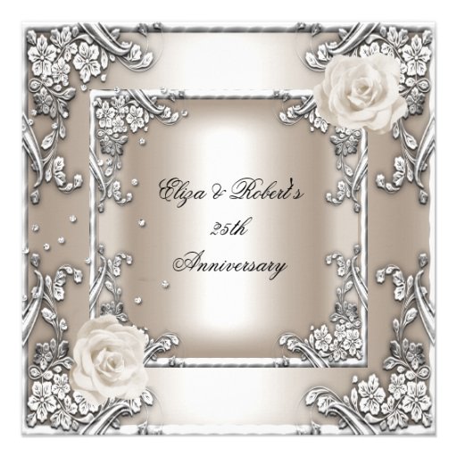 25th Anniversary Wedding Cream Rose Silver Party Invitations (front side)