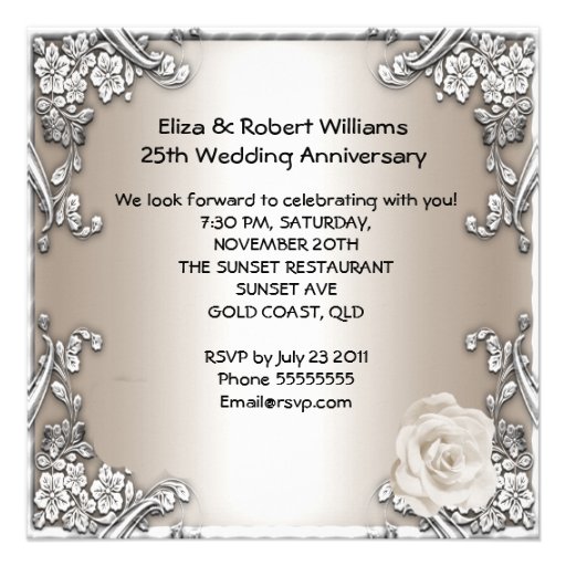 25th Anniversary Wedding Cream Rose Silver Party Invitations