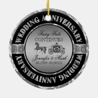 25th Anniversary-Wedding Horse & Carriage Double-Sided Ceramic Round Christmas Ornament