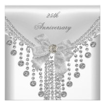 25th Anniversary White Silver Overlay Bow Jewel Personalized Invites