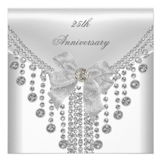 25th Anniversary White Silver Overlay Bow Jewel Personalized Invites