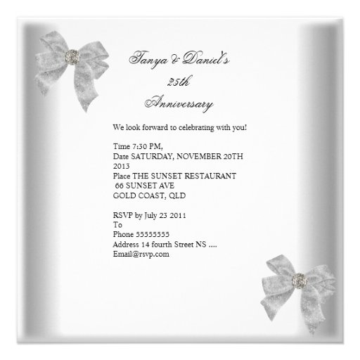 25th Anniversary White Silver Overlay Bow Jewel Personalized Invites
