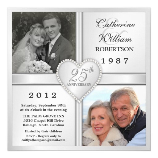 25th Silver Anniversary Heart Photo Invitations (front side)