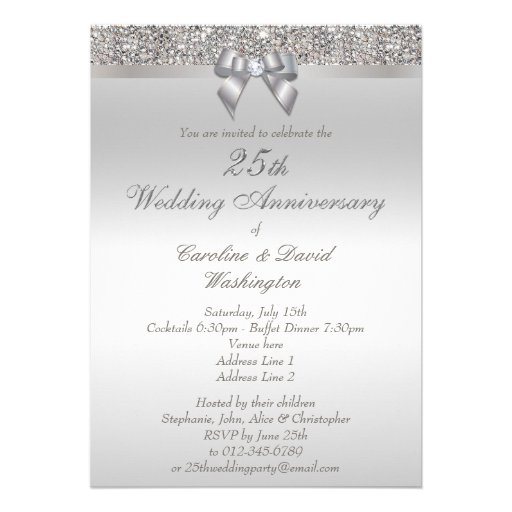 25th Silver Wedding Anniversary Faux Sequins & Bow Personalized Invites
