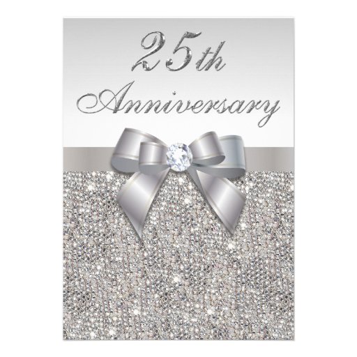 25th Silver Wedding Anniversary Faux Sequins & Bow Personalized Invites (front side)