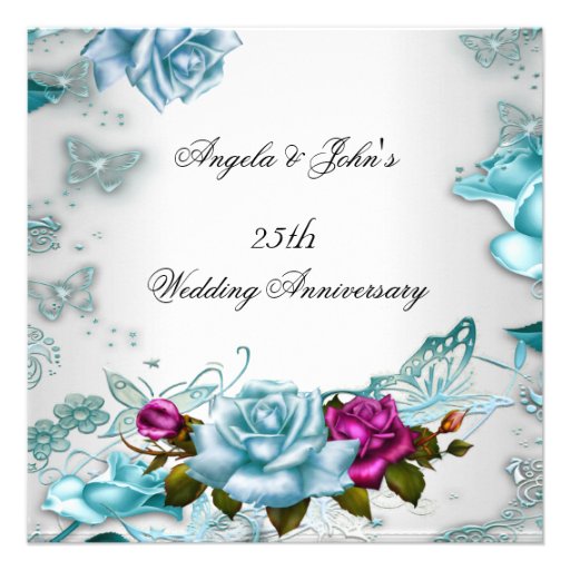 25th Wedding Anniversary Blue Floral Pink Personalized Invites