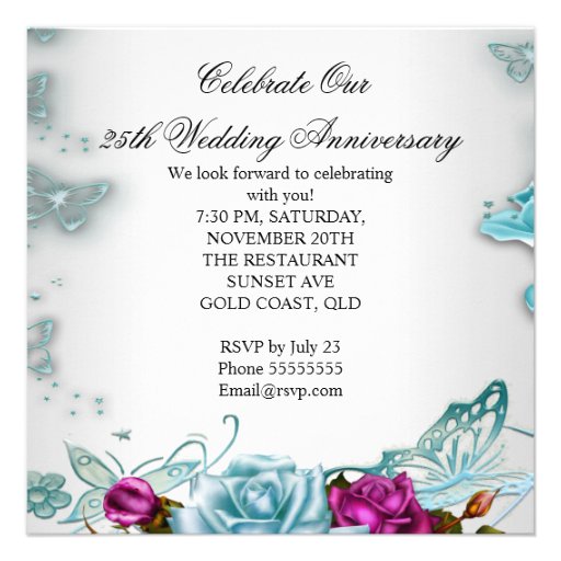 25th Wedding Anniversary Blue Floral Pink Personalized Invites
