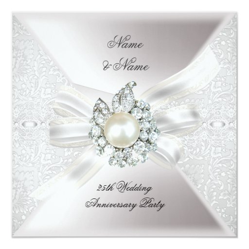 25th Wedding Anniversary Party Lace Pearl White Personalized Invitation (front side)
