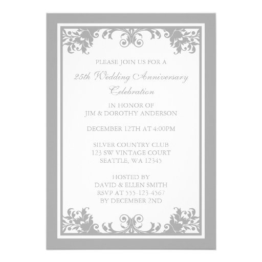 25th Wedding Anniversary Silver Flourish Scroll Personalized Announcements (front side)