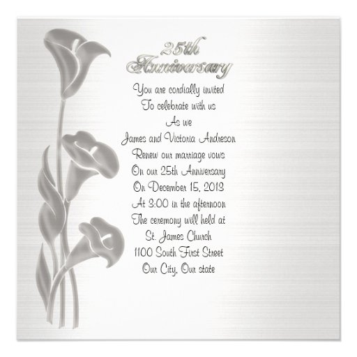 25th Wedding anniversary vow renewal calla lilies Custom Announcement (front side)