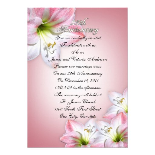 25th Wedding anniversary vow renewal pink amarylis Custom Announcement (front side)