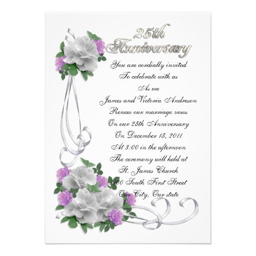 25th Wedding anniversary vow renewal White roses Personalized Invitation