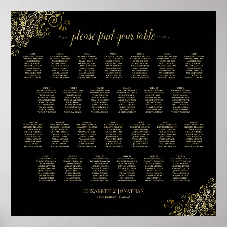 Table Wedding Seating Chart Black Gold Frills Zazzle