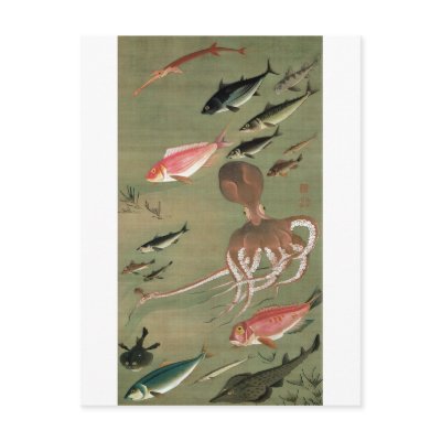 27. 諸魚図, 若冲 Various Fishes, Jakuchū, Japan Art Post Card by ukiyoemuseum