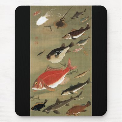 28. 群魚図, 若冲 Various Fishes, Jakuchū, Japan Art Mouse Pad by ukiyoemuseum