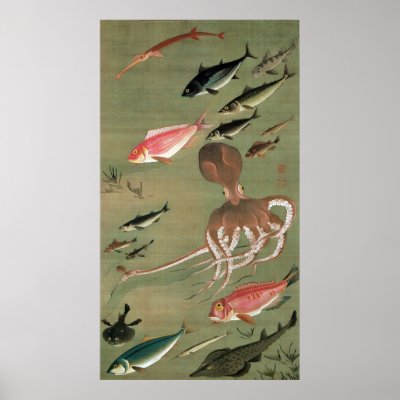 28. 群魚図, 若冲 Various Fishes, Jakuchū, Japan Art Poster by ukiyoemuseum
