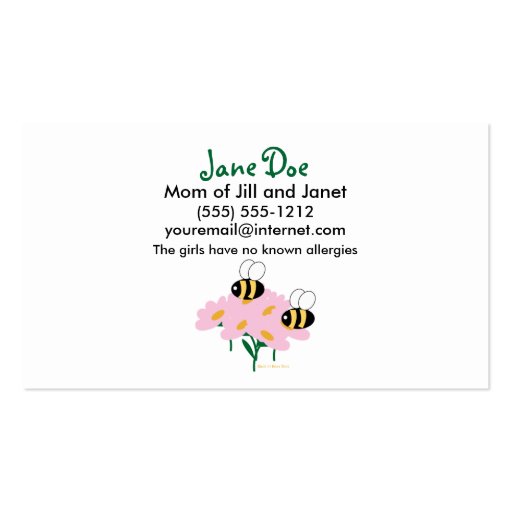 2 Bees & Pink Flowers Centered Business Cards (front side)