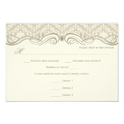 #2 Cream Tan Damask Swirls RSVP Menu Choice Personalized Announcement (front side)
