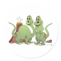 2 Dinosaur Friends Cartoon Round Stickers
