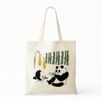 2 Pandas Eat Bamboo In Tropical Forest Tote Bag bag