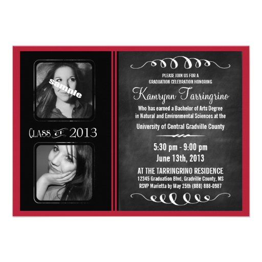 2 Photo Chalkboard Graduation Black and Red Personalized Invitation (front side)