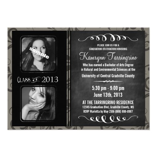 2 Photo Chalkboard Graduation Grayscale Damask Personalized Announcement (front side)